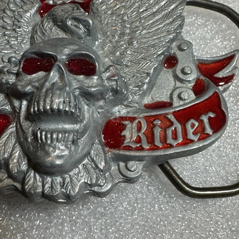 Winged Skull Eagle MC Rebel‎ Rider Belt Buckle Silver Tone Red Enamel Reissue